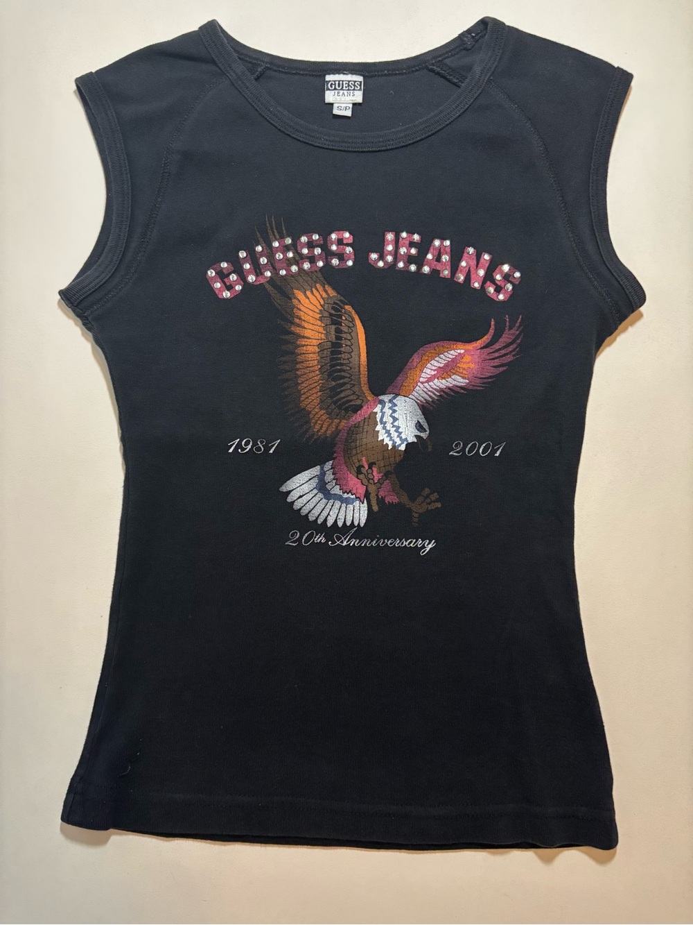 Vintage guess 20th anniversary 1981-2001 rhinestoned eagle Y2K women’s tank top